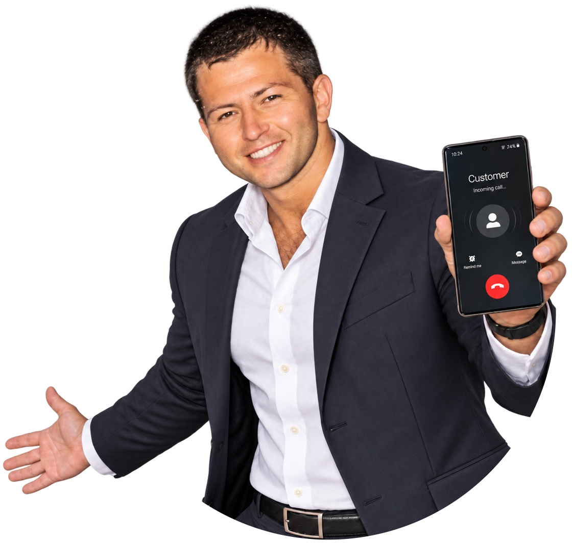 Ilya Gusev, founder of Rise In Rank, holding a phone with an incoming customer call