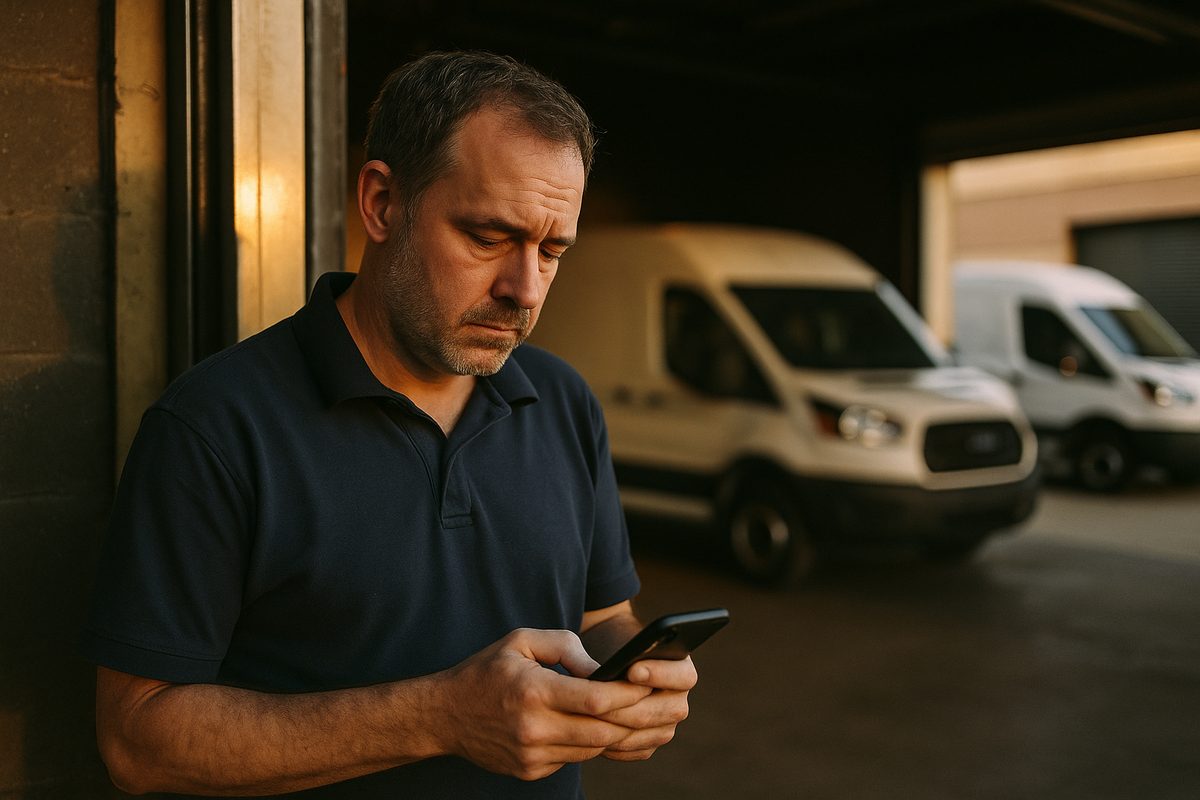 A home-service business owner checking a quiet phone